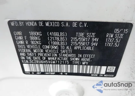 2016 Honda Hr-V Ex from USA, damaged, VIN 3CZRU6H5XGM712175